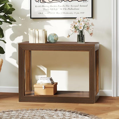 Mid-Century Fluted Console Table with Storage, Narrow Wooden Entryway Sofa Table Behind The Couch Small Entry Table for Entryway, Front Hall, Hallway Living Room, Walnut