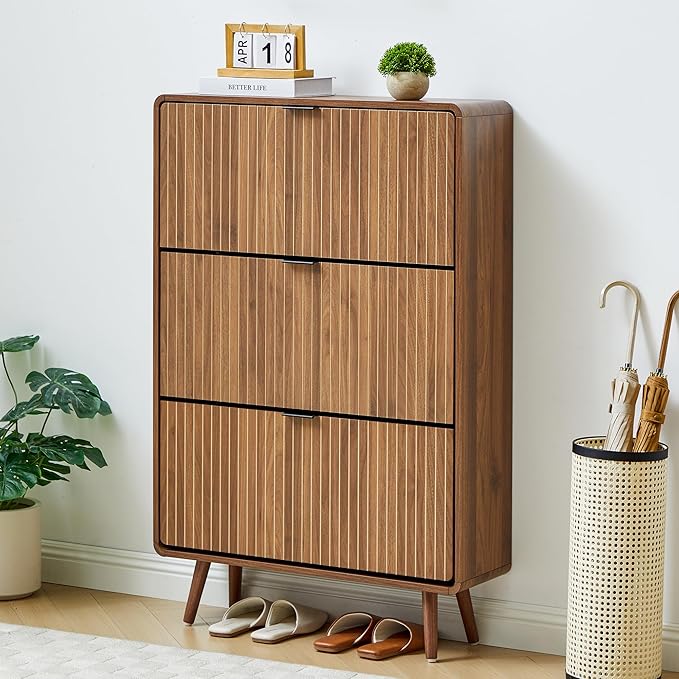 Narrow Shoe Cabinet Storage for Entryway,Slim Shoe Cabinet with 3 Flip Drawers, Fluted Shoes Rack Organizer (All Walnut, 3 Drawers)