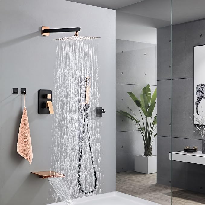 Rainfall Shower Faucet Set with Tub Spout 8 Inch, Shower Head and Handle with 2 Hooks, Rain Shower and Handheld Shower System Square Wall Mount for Bathroom