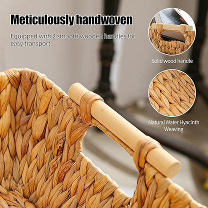 Mowtanco Woven Storage Baskets – Set of 3 Handwoven Water Hyacinth Wicker Baskets with Wooden Handles for Organizing, Decorative Baskets for Laundry Room, Home Decor - Large, Medium & Small