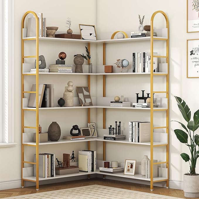 Nosepen Corner Bookshelf, 5 Tiers Tall Open Corner Etagere Bookcase Storage Organize, L-Shaped Large Corner Bookshelves, Corner Shelf Storage Display Rack with Metal Frame for Living Room Home Office