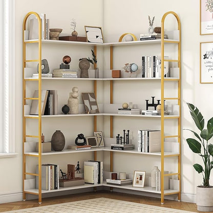 Nosepen Corner Bookshelf, 5 Tiers Tall Open Corner Etagere Bookcase Storage Organize, L-Shaped Large Corner Bookshelves, Corner Shelf Storage Display Rack with Metal Frame for Living Room Home Office