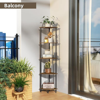 QLSPTFTS 5 Tier Corner Shelf, Bookcase for Small Spaces, Corner Display Shelf, Plant Stand, Rustic Brown and Black,Suitable for Bedroom,Living Room,Kitchen