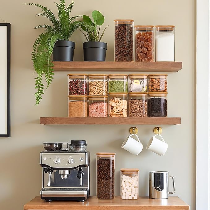 ComSaf 1.6 Qt Square Glass Jars with Bamboo Lids Set of 3, Space-Saving Glass Pantry Storage Containers, Airtight Clear Glass Storage Containers with Wide 3.9" Mouth for Coffee, Sugar, Short Pasta