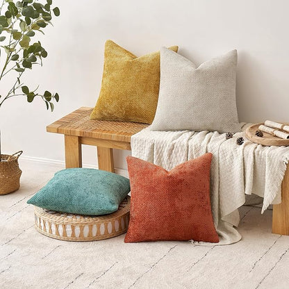 MIULEE Pack of 4 Couch Throw Pillow Covers 18x18 Inch Neutral Orange/Teal Soft Decorative Chenille Pillow Covers Farmhouse Accent Cushion Covers for Boho Home Decor Spring Sofa Bedroom Living Room