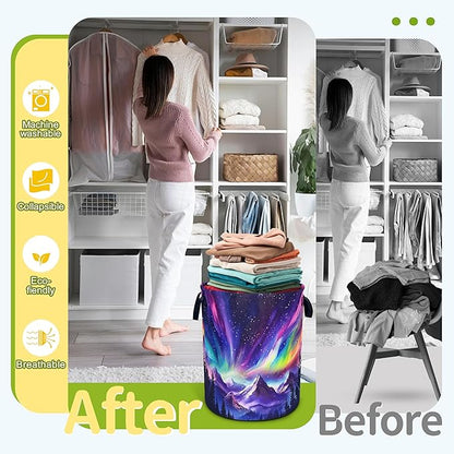 Aurora Mountains Laundry Basket Night Sky Forest Foldable Waterproof Oxford Cloth Funny Tote Bag Laundry Hamper Clothes Storage Bucket Toy Organizer For Bathroom/Laundry Storage/Bedroom 18.9x16.5 Inch