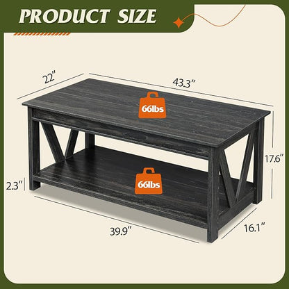 WLIVE Coffee Table, 43" Farmhouse Coffee Table with Storage Shelf & Sturdy V-Shaped Support, Wood Center Table for Living Room, Bedroom, Office and Balcony, Black