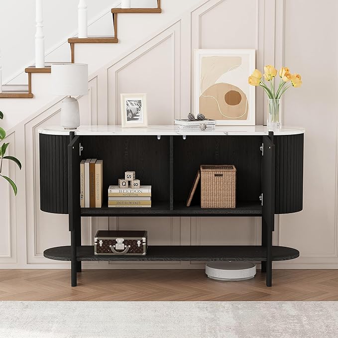 Console Table with Storage, Fluted Entryway Table with 2 Doors and Open Shelf, Long Sofa Table Behind Couch for Living Room, Hallway (Black)