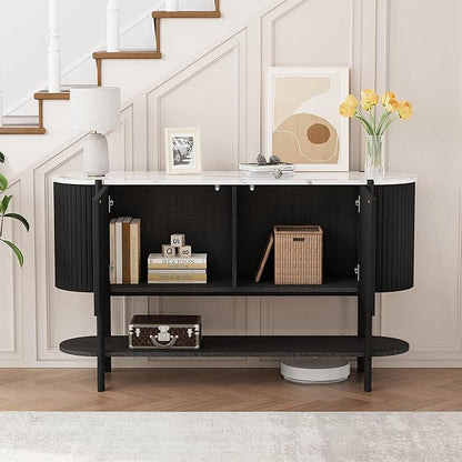 Console Table with Storage, Fluted Entryway Table with 2 Doors and Open Shelf, Long Sofa Table Behind Couch for Living Room, Hallway (Black)