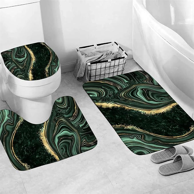 Nkzply 4 Pcs Green Marble Shower Curtain Sets with Rugs Gold Bathroom Sets with Shower Curtain and Rugs Modern Abstract Bathroom Decor Accessories Shower Curtains for Bathroom Toilet Lid Cover