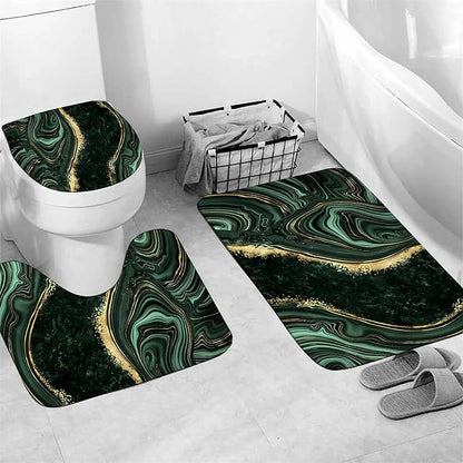Nkzply 4 Pcs Green Marble Shower Curtain Sets with Rugs Gold Bathroom Sets with Shower Curtain and Rugs Modern Abstract Bathroom Decor Accessories Shower Curtains for Bathroom Toilet Lid Cover