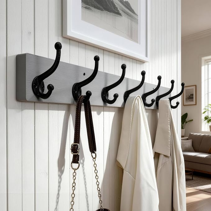 WEBI Rustic Coat Rack Wall Mount,30" Long 7 Cast Iron Coat Hooks Wall Mounted,Heavy Duty Wood Wall Coat Hanger Hooks for Hanging Coats,Jacket,Clothes,Backpack,Farmhouse,Gray,2 Packs