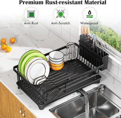 Kmiectse Dish Drying Rack - Space-Saving Small Dish Rack for Kitchen Counter, Rust-Resistant Kitchen Drying Rack, Compact Dish Drainer Organizer with Utensil Holder for Home Kitchen, Black