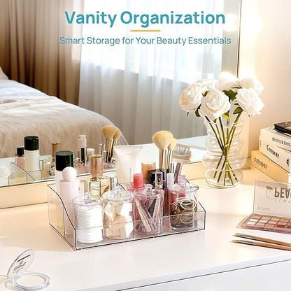 Vtopmart 5 PCS Bathroom Countertop Organizer, 1 Divided Tray with 4 Qtip Holder Jars, Restroom Clear Organizers for Toothbrush, Cotton Pads Balls, Floss, Bathroom Vanity Accessories Storage Set