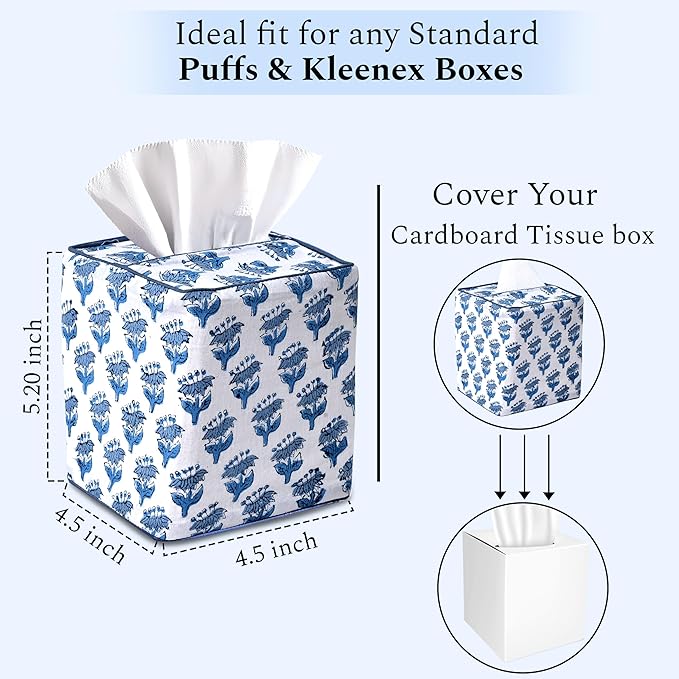 CPC Apatite Blue Hand Block Printed Cotton Tissue Box Cover 5" x 5" x 5.5" Square Soft Reusable Boho Napkin Holder for Home Kitchen Dining Bathroom Office Cafe Spa Summer Thanksgiving