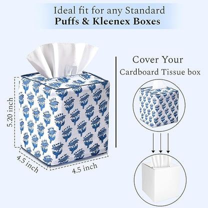 CPC Apatite Blue Hand Block Printed Cotton Tissue Box Cover 5" x 5" x 5.5" Square Soft Reusable Boho Napkin Holder for Home Kitchen Dining Bathroom Office Cafe Spa Summer Thanksgiving