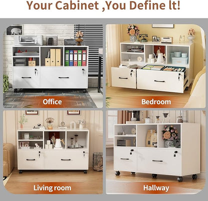 Semoic 2 Drawer Mobile Lateral File Cabinet with Lock, Lockable Wood Filing Cabinet with Open Storage Shelves, Printer Stand Office Storage Cabinet for Home Office Fits Files Legal/A4 Size, White