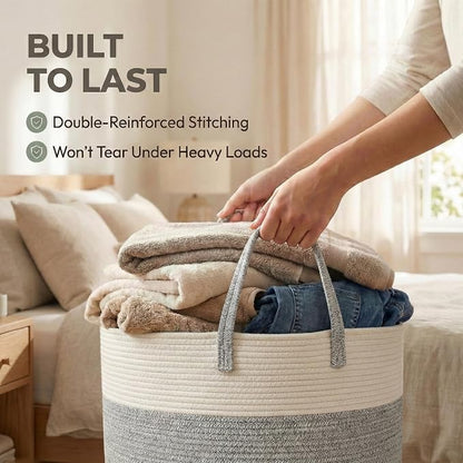 JMvicyroam 115L Extra Large Blanket Basket for Living Room - Woven Cotton Rope Laundry Hamper with Reinforced Handles - Storage Bin for Pillows, Comforters & Toys - Machine Washable,White&Grey