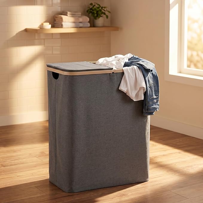 DOKEHOM 160L Extra Large Laundry Hamper with Lid, 2-Section Double Laundry Basket with Removable Mesh Liner Bags, Collapsible Clothes Sorter for Family, Bedroom, Laundry Room, Dark Grey