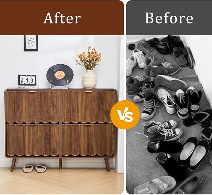 ORRD Shoe Storage Cabinet for Entryway with 4 Flip Drawers, Freestanding Narrow Wood Shoe Cabinet with Wave Panel, Hidden Shoe Organizer for Foyer, Hallway (Walnut)