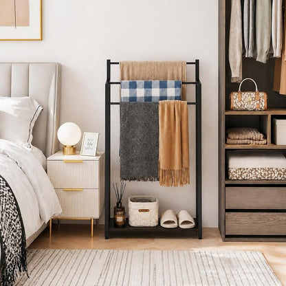 Freestanding Towel Rack, 3 Tier Blanket Ladder Stand with Black Wooden Shelf for Bathroom Living Room (31.5" H x 16.9" W x7.9 D)