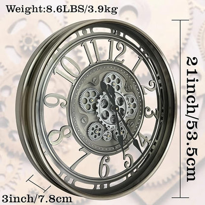 DORBOKER Real Moving Gears Wall Clock Large Modern Metal Clocks for Living Room Decor, Industrial Steampunk Unique Vintage Rustic Decorative Clock for Home Farmhouse Office, 21 Inch,Gunmetal Arabic