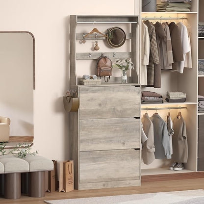 Tall Shoe Cabinet with Coat Rack, Hidden Shoe Storage Cabinet with Doors & Drawer, Hanging Bar & Hooks, Slim Narrow Freestanding Shoe Rack Organizer for Entryway, Hallway & Living Room, Grey