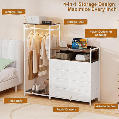 Dresser with Clothes Rack,58" H Clothing Rack with Fabric Drawers & LED Lights,Clothes Racks for Hanging Clothes,8 Drawers Dresser,Garment Rack for Bedroom with Charging Station,White