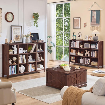 12 Cube Storage Organizer, Farmhouse 62 Inch Wide Brown Walnut Display Bookshelf, Wooden 3 Tier Large Open Book Shelf, Vintage Bookcase for Home Office, Cubby Cabinet for Living Room, Office