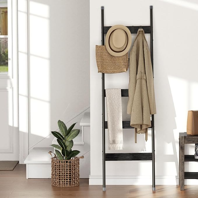 Blanket Ladder, 5-Tier Towel Holder with 4 Removable Hooks, Farmhouse Wall Leaning Decorative Rack Shelf, Wooden Towel Display Rack, Quilt Ladder for Living Room, Bedroom, Black