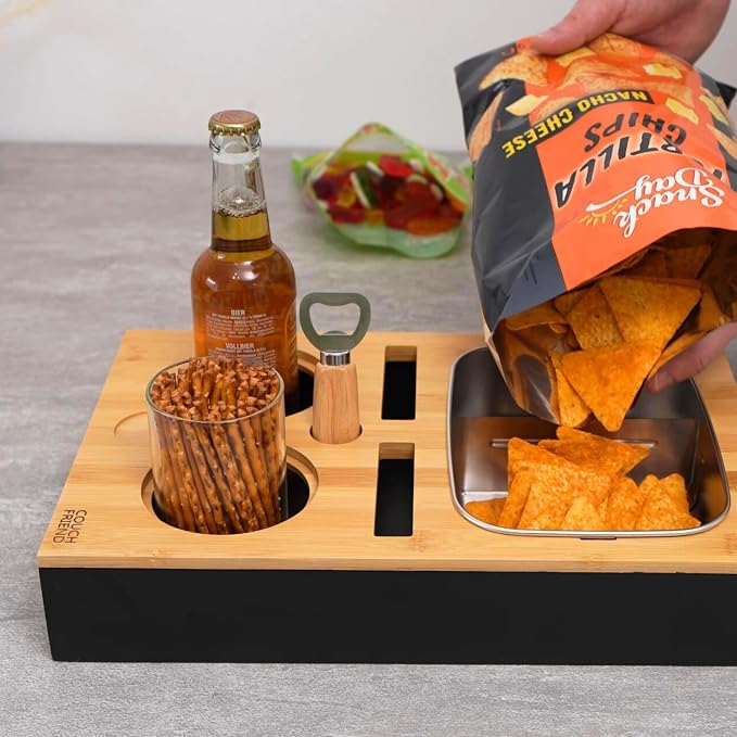 D&D Living® Couch Caddy - Bamboo Couch Console | Anti-Spill Drink and Cup Holder | Snack Organizer Tray for Sofa with Bottle Opener