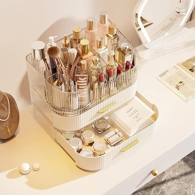 Makeup Organizer with 360 Rotating Brush Holder and Stackable Drawers, Cosmetic Display Case for Vanity, Bathroom Countertop (White, 3 Layer)