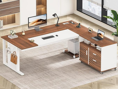 SEDETA 71" Executive Desk with Rolling File Cabinet, Large Office Desk with Drawers, L Shaped Computer Desk with Power Outlets, CPU Stand, Pegboard and Storage Shelves, White