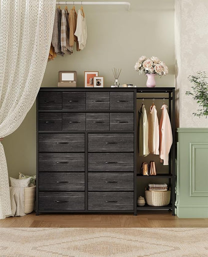 GarveeHome Dresser with 16 Drawers & Hanging Rod & Shelves, Fabric Storage Organizer for Bedroom, Closet, or Entryway