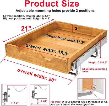 DINDON 1 Tier Pull Out Cabinet Organizer (20" W x 21" D) Single Tier Heavy Duty Slide Out Wood Drawer Under Sink Shelf Organization Storage