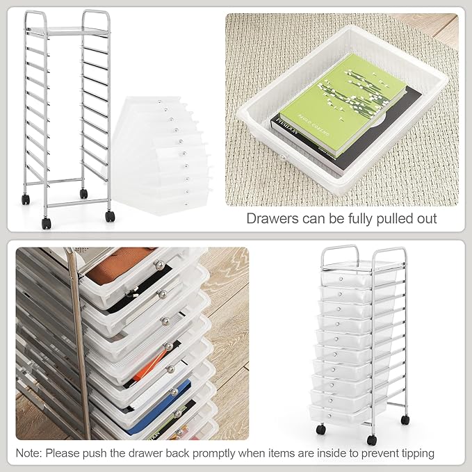 RELAX4LIFE 10-Drawer Rolling Storage Cart, Utility Cart with Metal Frame, Lockable Wheels & Removable Drawers, Multipurpose Art Craft Organizer for Home Office Classroom (Clear)