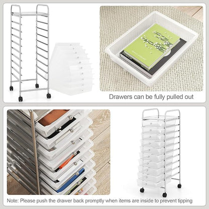 RELAX4LIFE 10-Drawer Rolling Storage Cart, Utility Cart with Metal Frame, Lockable Wheels & Removable Drawers, Multipurpose Art Craft Organizer for Home Office Classroom (Clear)