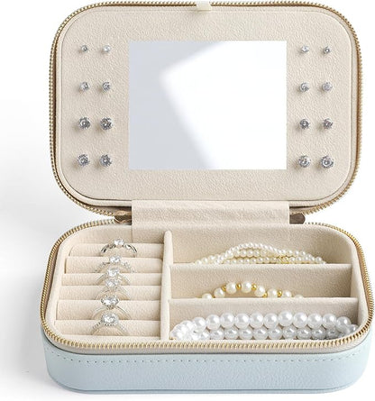 Genuine Leather Travel Jewelry Organizer Case with Mirror for Women, Small Mini Portable Jewelry Box for Ring Earrings Necklace Bracelet Luxury Gift for Women（Cyan）