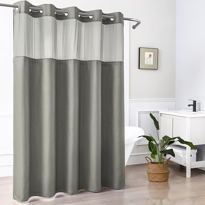 Mrs Awesome No Hook Shower Curtain with Snap-in LinerLess Time On/Off, Embossed Waffle-Look Textured Fabric Shower Curtain for Bathroom, Soft & Lightweight, 71x74, Gray