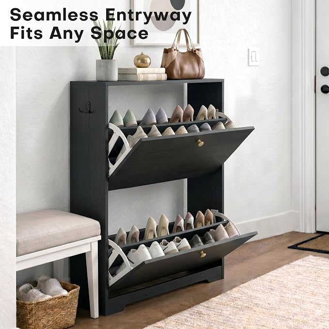 Nicetree Shoe Cabinet with 2 Flip Drawers, Narrow Shoe Organizer Cabinet, Freestanding Shoe Rack Cabinet, Modern Shoe Storage Cabinet for Entryway, Hallway, Foyer, Black with Hook