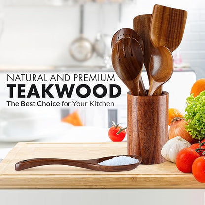 Zulay Kitchen 7-Piece Wooden Cooking Spoons Set – Heat-Resistant, Smooth Teak Utensils with Comfort Grip – Lightweight & Durable – Easy to Clean, Perfect for Non-Stick Cookware