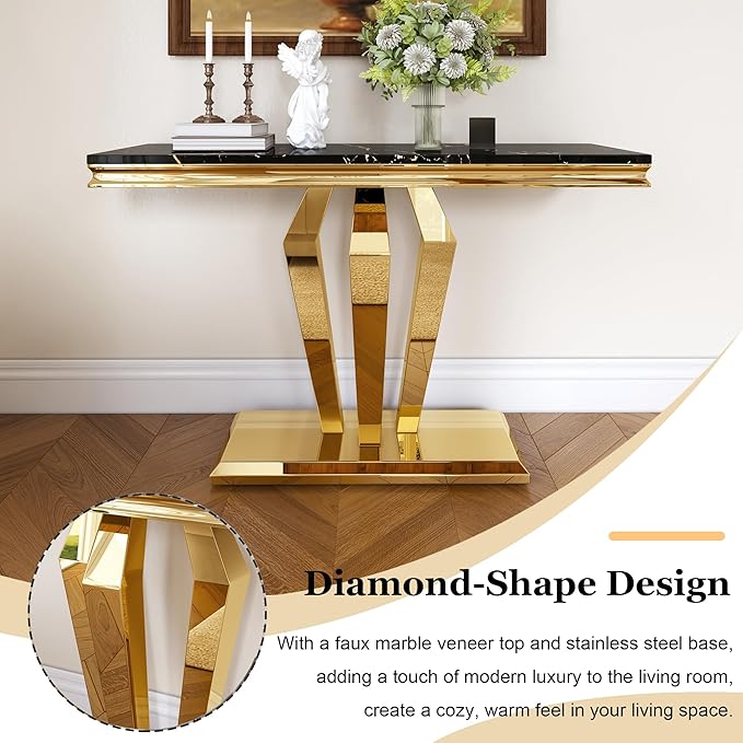 47 inch Gold Console Table, Modern Entryway Table with Diamond-Shaped Metal Base for Entrance, Hallway, Living Room (Black Faux Marble & Gold)