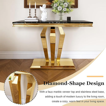 47 inch Gold Console Table, Modern Entryway Table with Diamond-Shaped Metal Base for Entrance, Hallway, Living Room (Black Faux Marble & Gold)