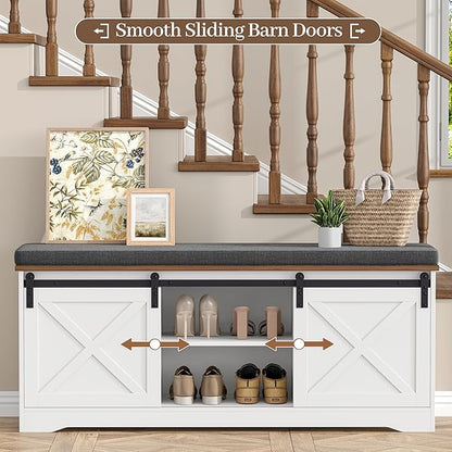 Farmhouse Storage Bench with Cushion, 47.2" Shoe Bench with Slide Barn Doors and Adjustable Shelves, Entryway Bench with Storage for Bedroom, Closet, Living Room, Hallway, White