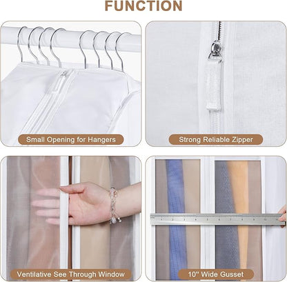 Kntiwiwo 60" Premium Cotton Garment Bag for Hanging Clothes and Storage, Breathable Dress Bags for Gowns with Extra Large 10" Gusseted & Clear Window, Dust Cover with Zipper for Long Dresses, 3 Pack