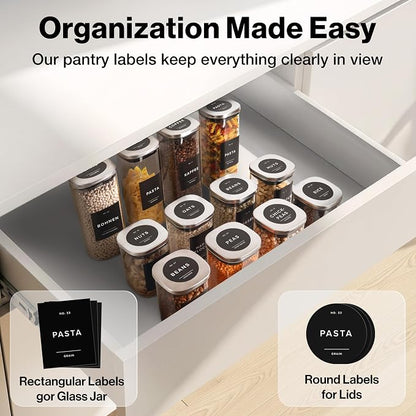 EDELHAUS Square Glass Storage Containers with Stainless Steel Lids 12-Pack (4x 30 oz, 8x 17 oz) Glass Storage Jars with Lids for Food, Stackable Glass Kitchen Canisters with 114 Labels for Pantry