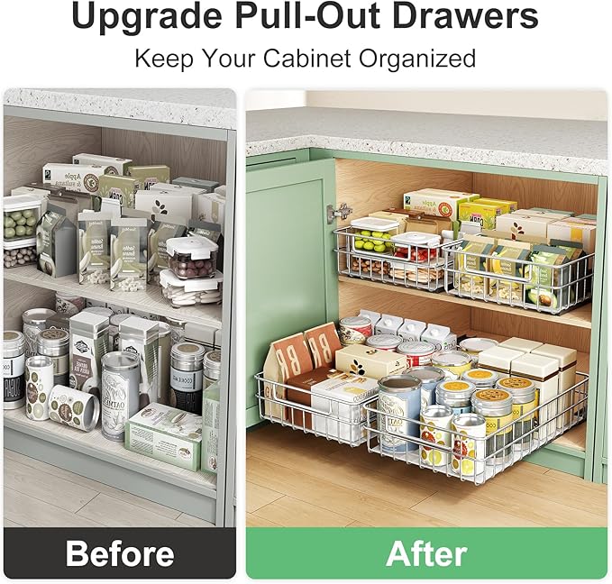 Pull out Cabinet Organizer, Stainless Steel 4-Pack (9.8"W x 16.5"D) Full-Extension Slide out Drawer, Adhesive Roll out Can Spice Storage Basket Shelf Rack for Pantry, Kitchen, Bathroom, Home Closet