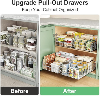 Pull out Cabinet Organizer, Stainless Steel 2-Pack Slide out Drawer with Silent Full-Extension Slides, Adhesive Roll out Can Spice Storage Basket Shelf Rack for Pantry, Kitchen, Bathroom, Home Closet