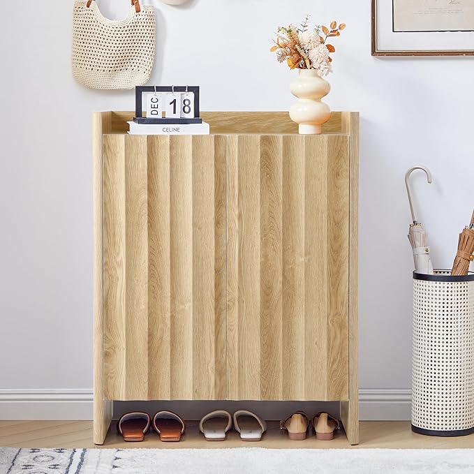 Fluted Shoe Cabinet, 5-Tier Shoe Storage Cabinet with Doors,Freestanding Hidden Shoe Cabinet Organizer, Narrow Shoes Storage Rack for Entryway (Natural)