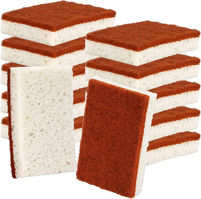 Natural Plant Based Scrub Sponge 12 Pack, Palm Fiber Scrubbing Sponge with Non Scratch Biodegradable Compostable Sponges,Long Lasting No Smell Dishwashing Kitchen Scrubber